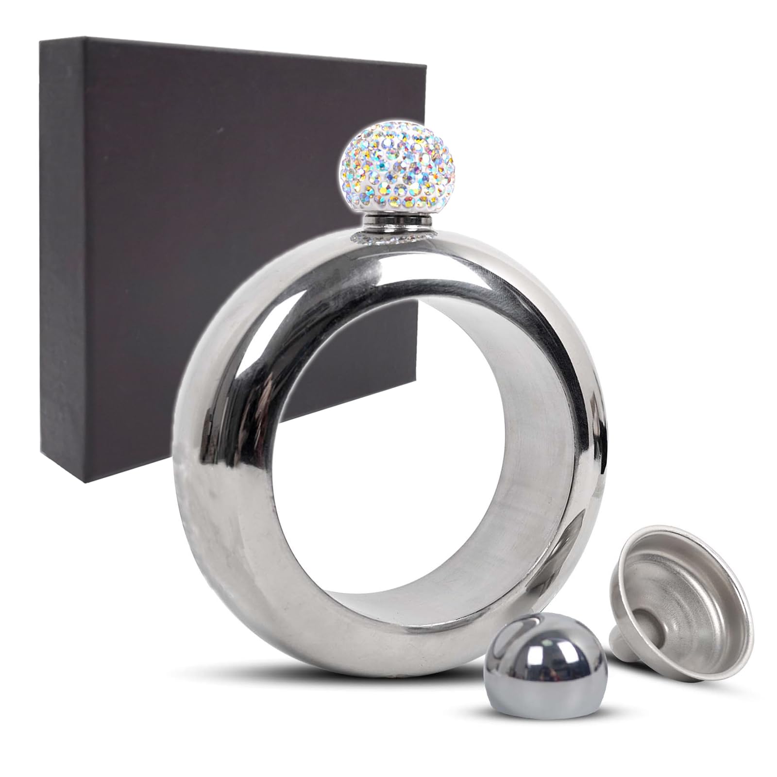 Hip Flask for Women Men, Rigrer Bangle Bracelet Flask Hip 304 Stainless Steel 3.5 oz Funnel Set with Liquids & Crystal Lid, Pocket Wrist Flask in Gift Box for Birthday Party-Silver