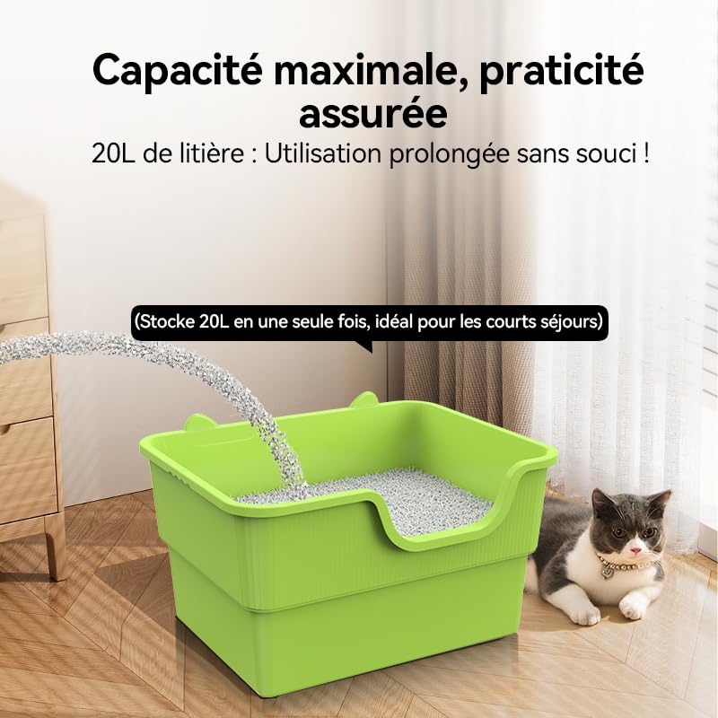 PuaLuce Vassoio Lettiera Gatto Grande Scomponibile - Design a Soglia Bassa & Vasca Profonda Antispruzzo, Ideale per Gatti Adulti/Multigatto, Materiale Antiaderente e Antiodore - Verde