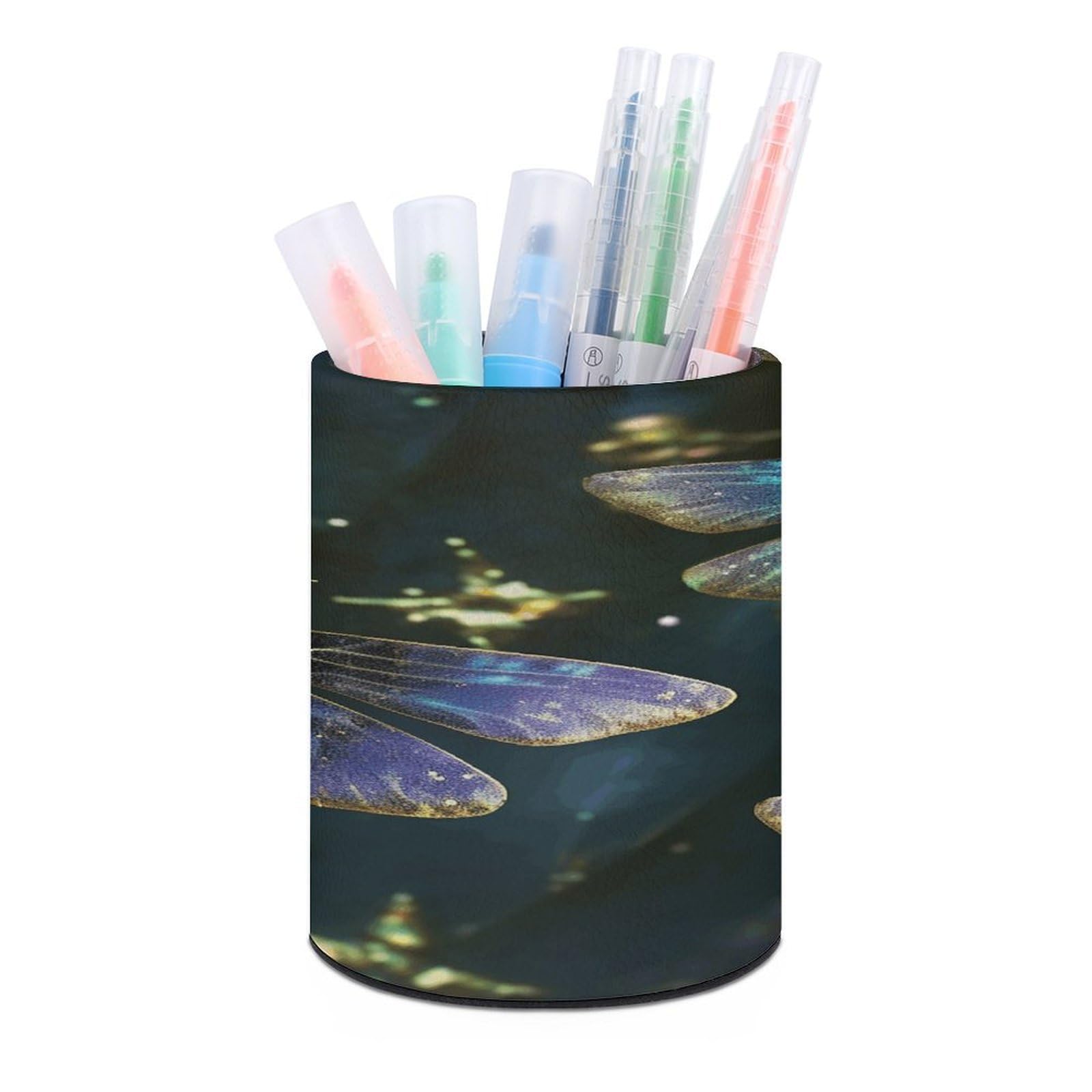 VstaDank Dragonfly Pen Holder PU Leather Pencil Cup Minimalist Desk Pencil Holder Round Make Up Brush Organizers For Office Dorm Room&Vanity Desk Accessories