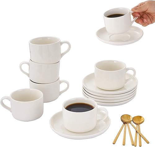 CHILDIKE Juego de 6 tazas y platillos de porcelana de café color blanco 8 onzas para capuchino latte café moca y fiesta café expreso