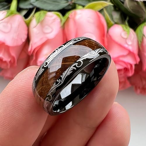 Miniatura 3 de Anillos de tungsteno negro de 0.315 pulgadas para hombres y mujeres, con incrustaciones de madera de barril de whisky, marco barroco, vintage, marco