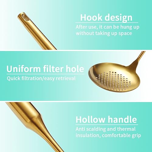 Miniatura 6 de Espumador de cocina de acero inoxidable dorado resistente, cuchara ranurada, con mango cómodo y agujeros para colgar, fácil de almacenar y apto para