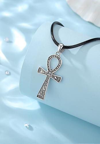 Vista 2 de EUDORA Sterling Silver Ankh Cross Necklace for Women Men, Egyptian Grim Reaper Anubis Pendant Amulet Energy Necklaces Vintage Ancient Egypt Runes