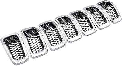 Kit 7pcs Black Chrome Honeycomb Mesh Ring Grille Grill Cover Insert Compatible with 2014-2018 2015 2016 2017 Jeep Cherokee