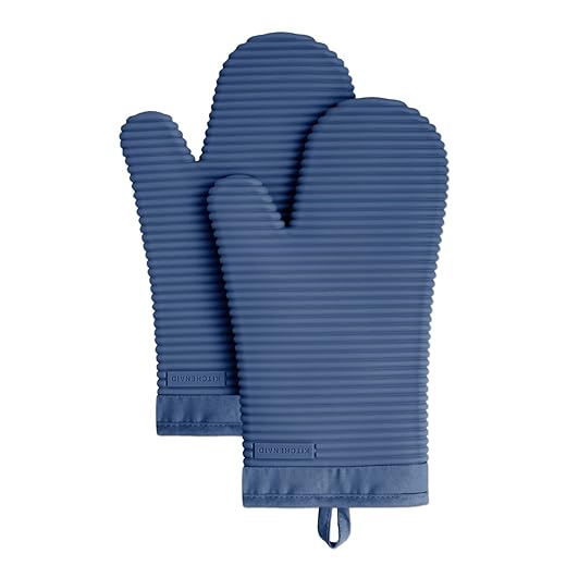 KITCHENAID Ribbed Soft Silicone Oven Mitt 2-Pack Set, 7.5"x13", Blue Willow