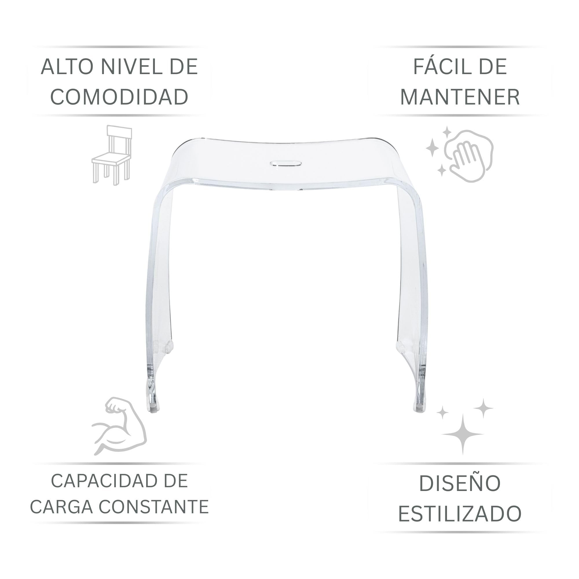 Taburete de Baño Meran XL – Taburete de Ducha de Acrílico Transparente con Asiento Extra Grande, Asidero y Patas Antideslizantes (hasta 180 kg)