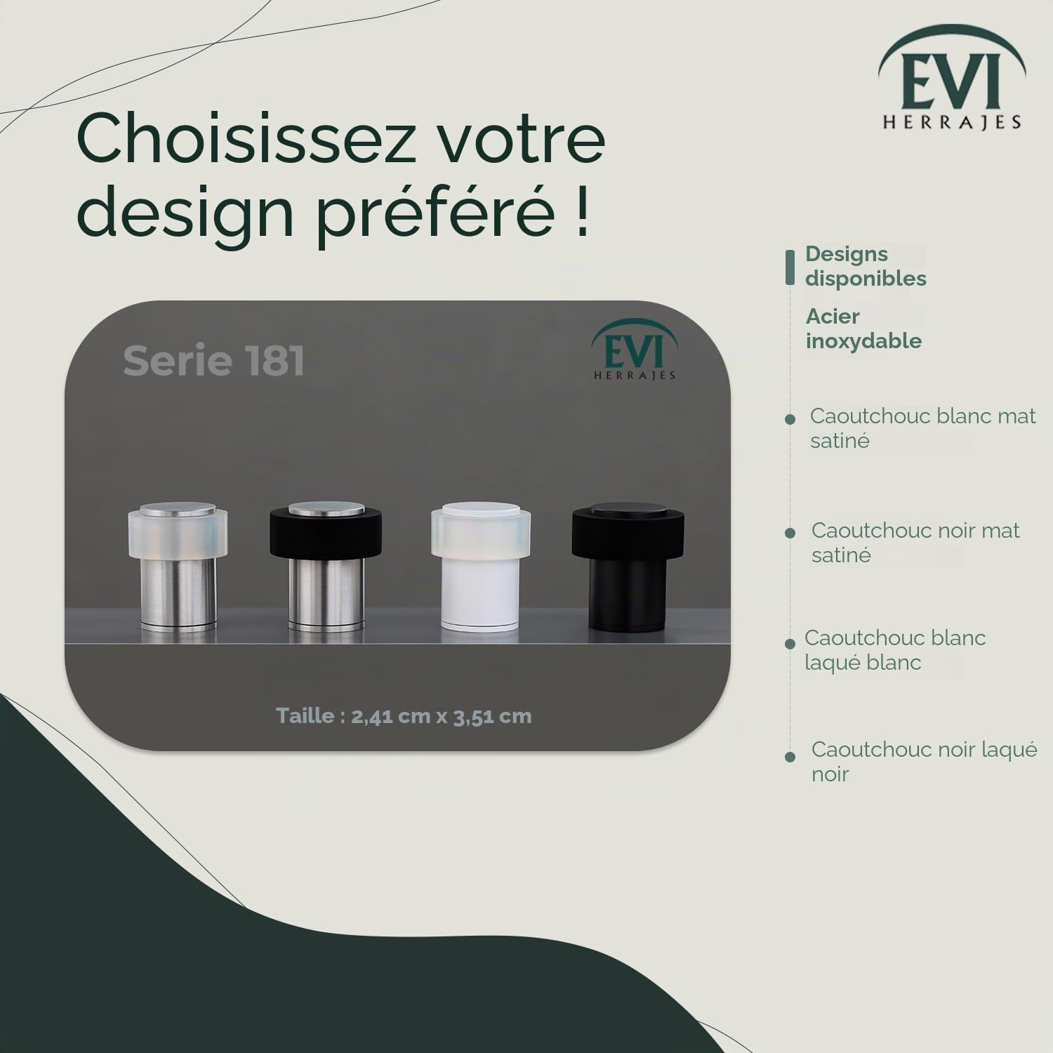 EVI Herrajes | Lot De 2 Butées De Porte Sol | Ø24X35mm | Acier inoxydable Finition Mate | Caoutchouc de silicone naturel |Base filetée - Comprend vis + cheville de fixation | Mod. I-181