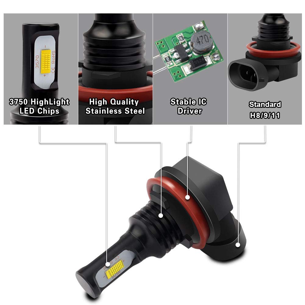 H11 H8 H9 Lampadine Fendinebbia a LED ad Alta Potenza 75W Chip Integrati 3570 CSP 3000K Giallo Dorato e 2400lm per Fari Fendinebbia Luci di Marcia Diurna (Confezione da 2)