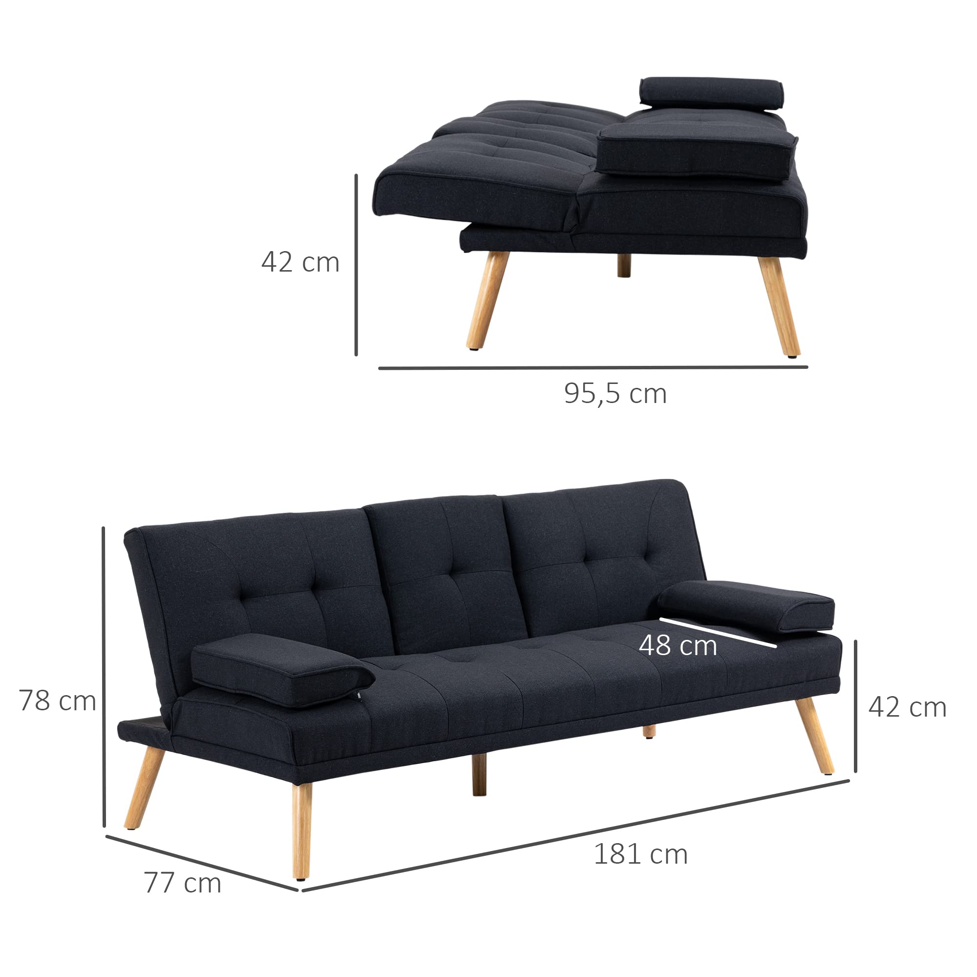 HOMCOM Canapé Convertible 3 Places, canapé-lit rembourré avec Dossier réglable 3 Niveaux, 2 Coussins et 2 Porte-gobelets intégrés, Tissu de Lin, pour Salon, Chambre d'amis, Petit Espace, Gris