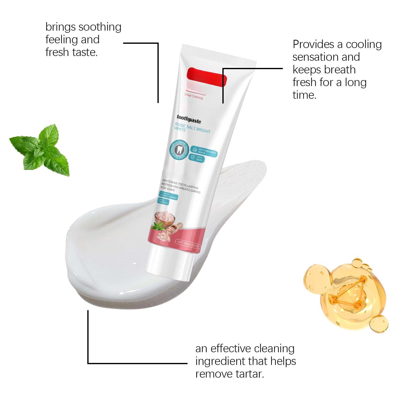 Dentifricio sbiancante alla menta e rosa, estratto naturale for la rimozione delle macchie, formula delicata non abrasiva for l'alito fresco e l'igiene orale quotidiana(3pcs)