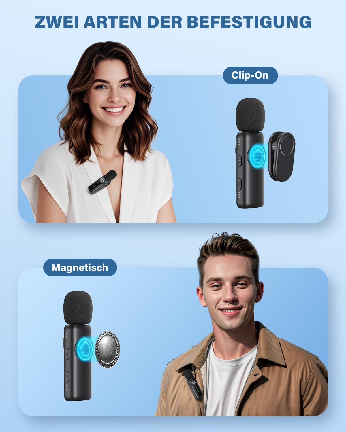Kabelloses Lavalier-Mikrofon für iPhone, iPad, Android-Geräte - Mini Clip-On Mikrofon mit Geräuschunterdrückung, Auto-Pairing, Stummschaltung und Reverb, ideal für Vlogging, Videoaufnahmen, TK
