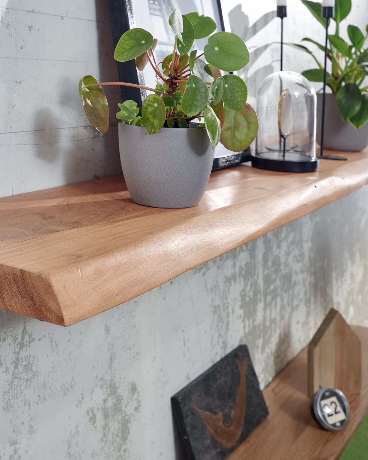 WOHNLING Mensola 140 cm Acacia Massello Bordo Naturale, Mensola Sospesa | mensola da parete rustica in stile country, mensola sospesa per libri e decorazioni, fatto a mano, ogni scaffale è unico