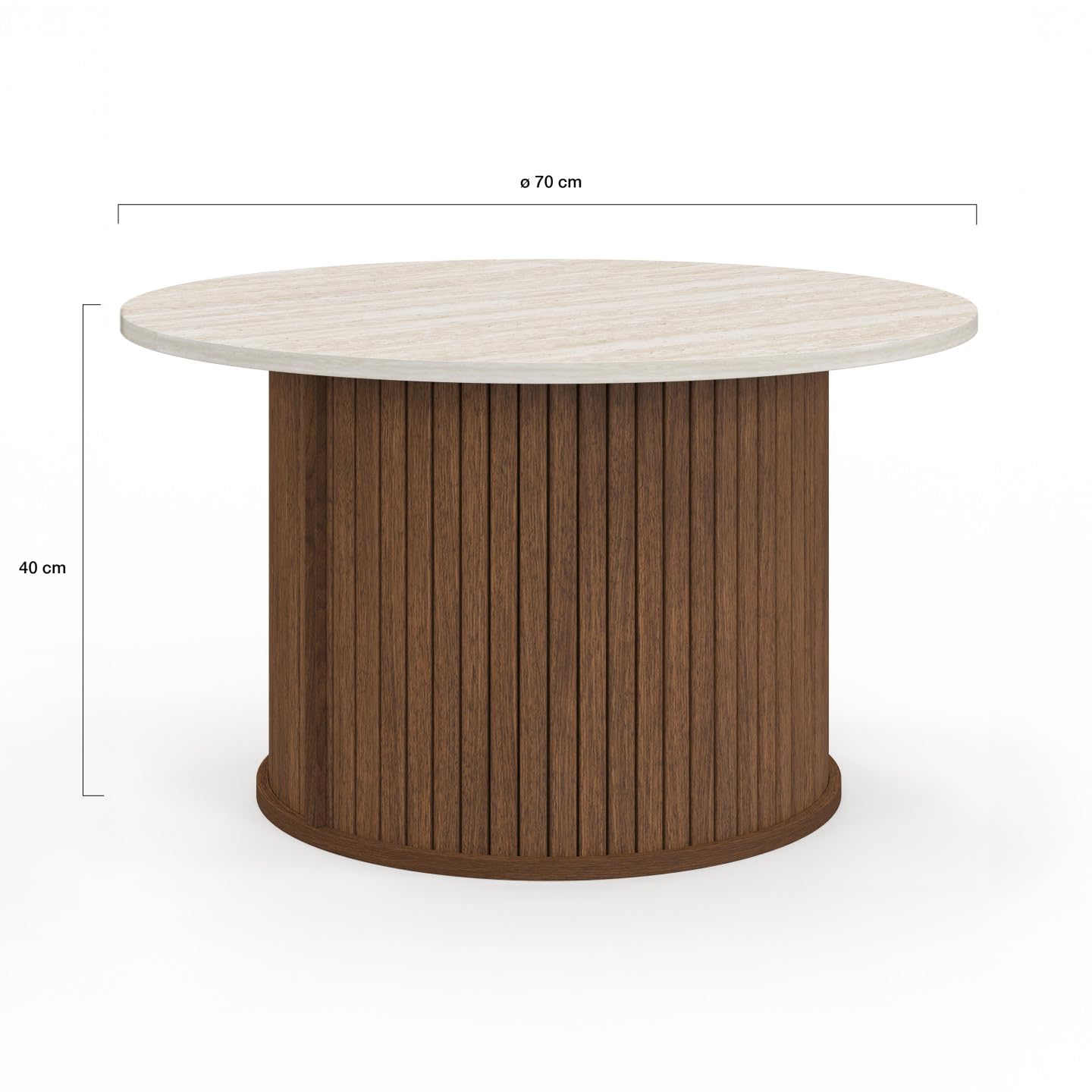 IDMarket - Table Basse Ronde Juliette 70 cm Lattes Effet Noyer et Plateau travertin