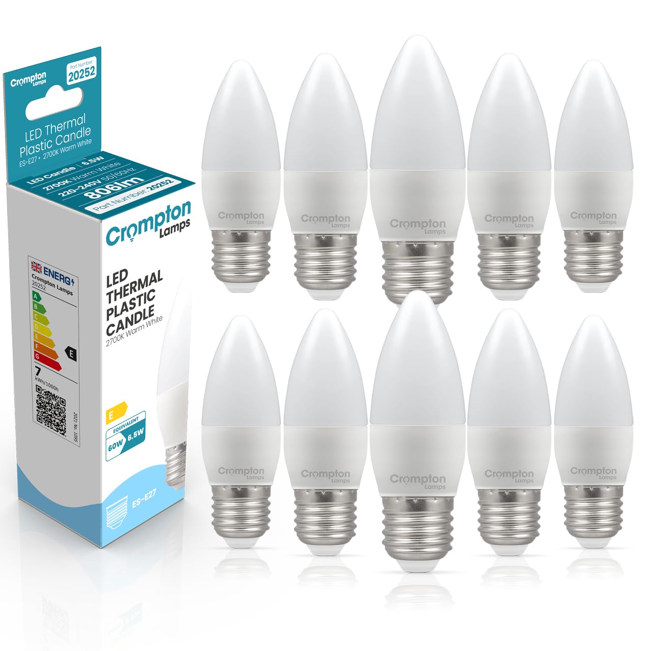Crompton Lamps Candle LED E27 Bulb | 6.5W = 60W Equivalent | Warm White 2700K | Energy Efficient | Edison Screw Lightbulb | Long Life 15,000-Hrs | Dimmable Bulbs for Lamps | 10-Pack