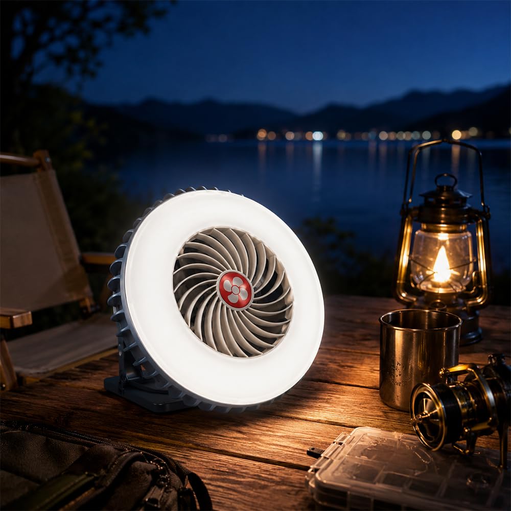 Tragbarer LED Campinglampe mit Ventilator, USB Aufladbar Camping Ventilator mit Licht, Magnetisch Zeltlampe Outdoor Camping, Camping Zubehör für Wandern Angeln Strand Wohnwagen Camper Auto