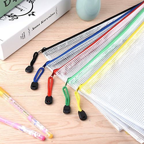 Kuuqa A4 Plastic Zip Wallets Folders Mesh Document Bags for File Storage Paper Organization, Set of 5