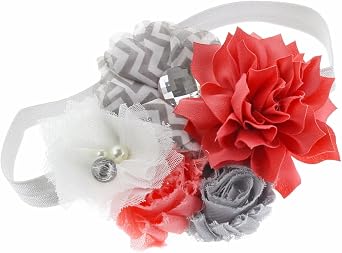 My Lello Baby Headband Shabby Fabric Flower Cluster Stretchy Elastic Coral/Gray Chevron