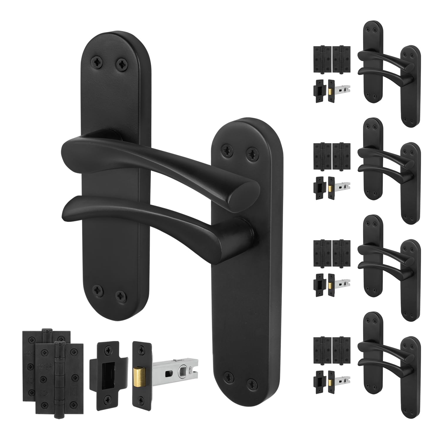 EAI Black Door Handle Latch Set, 5 Pair Matt Black Internal T-Bar Handles, Hinges 76mm Latches 64mm - Novoli