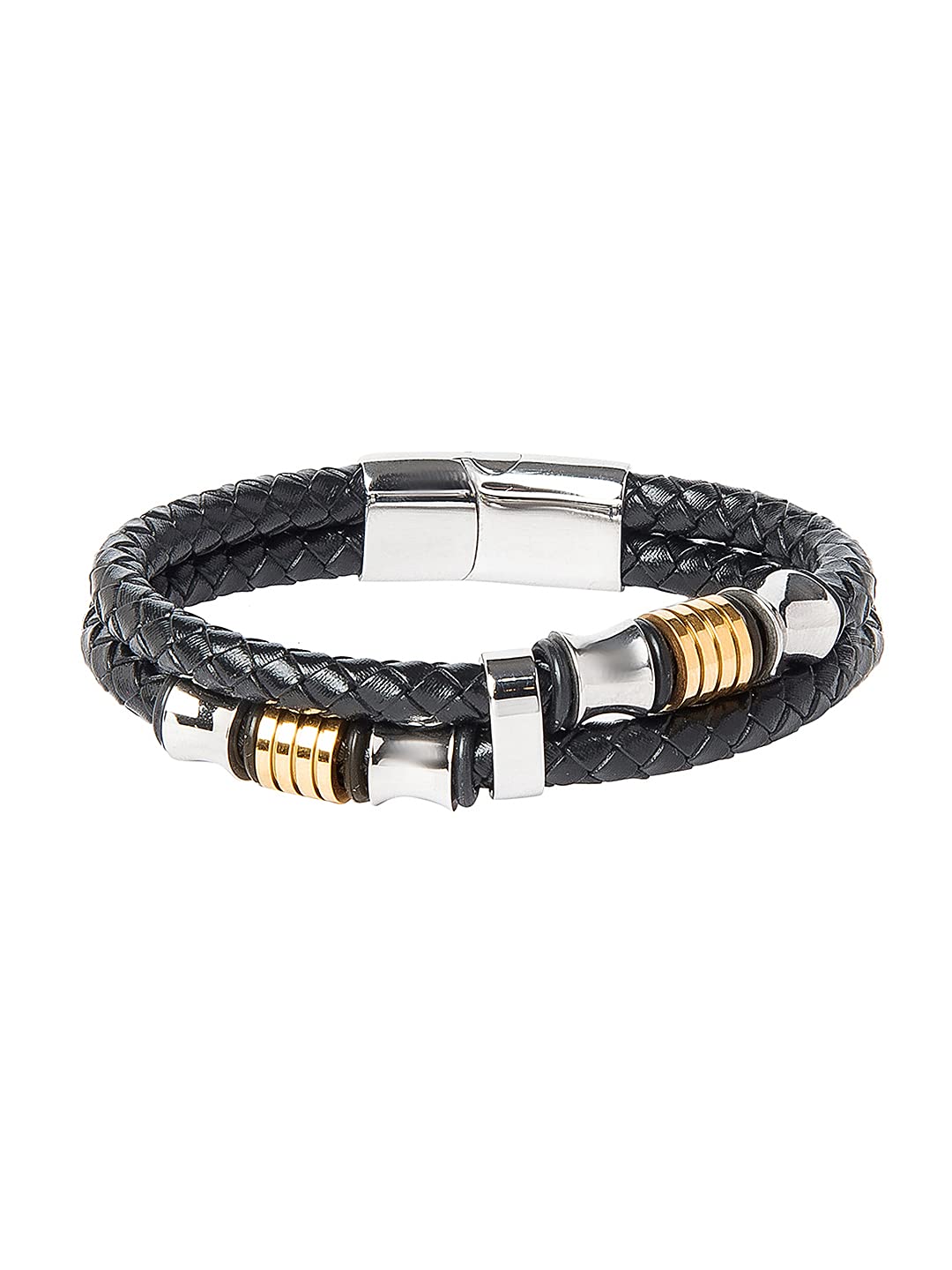 Shining Jewel - By Shivansh Braided Designer Stainless Steel and Leather Bracelet for Men and Women (Black, SJ_3347_GS) (B09BN1XL36) Amazon Price History, Amazon Price Tracker