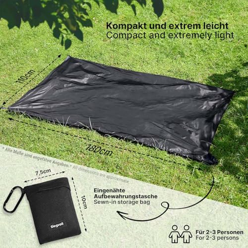 Siegvoll Picknickdecke klein mit praktischem Karabiner, ultraleichte ultradünne tragbare Stranddecke, Outdoor Decke für Picknick, Strand, Camping, Wandern, Fahrrad und Reisen (Schwarz, 2-3 Personen)