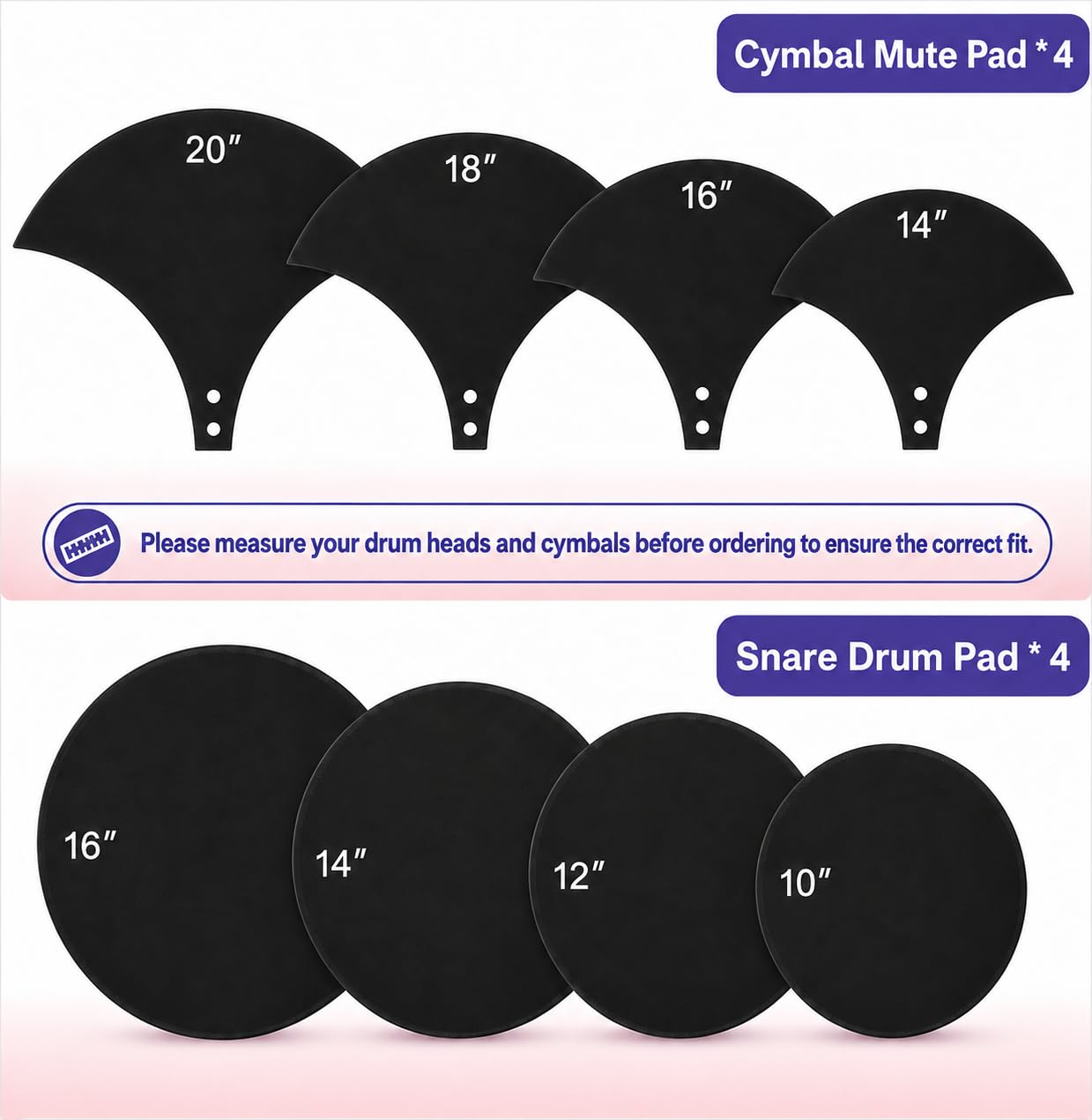Lot de 12 coussinets de sourdine en mousse pour tambours de 10, 12, 14, 16 pouces avec silencieux de cymbale et coussinet Hi-Hat – Coussinets d'entraînement pour réduction du bruit pour batterie