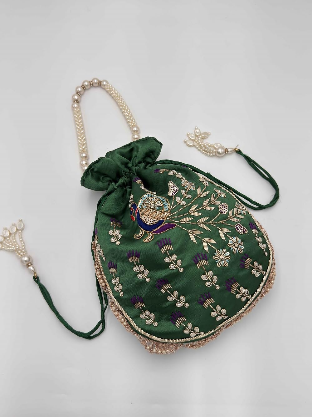 Amayra Luxe Embroidered Peacock Potli Bag for Women & Girls | Designer Batwa Handbag with Beaded Handle & Drawstring Closure | Festive & Wedding Shagun Pouch | Traditional Ethnic Purse (Green)
