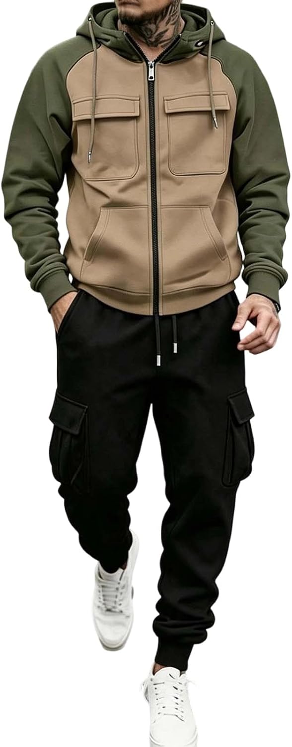 Men's Full Zip Colorblock Hoodie Set Cargo Multi Pocket