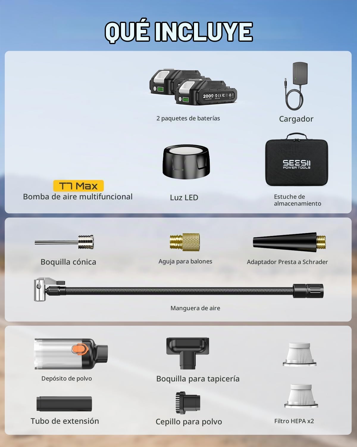 SEESII Compresor de neumáticos doble batería 150 PSI inalámbrico LED