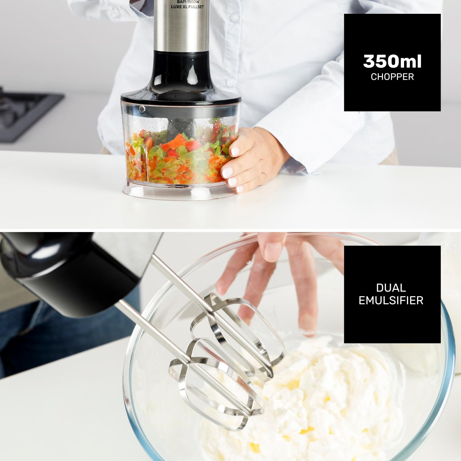 Taurus – Batidora de Mano Bapi 1500 Luxe XL,1500W, 20 Velocidades + Turbo, Cuchillas Acero Doble Efecto, Antisalpicaduras, Soft Touch, Vaso Medidor 900ml, Picador 350ml, Doble Emulsionador, Pasapurés