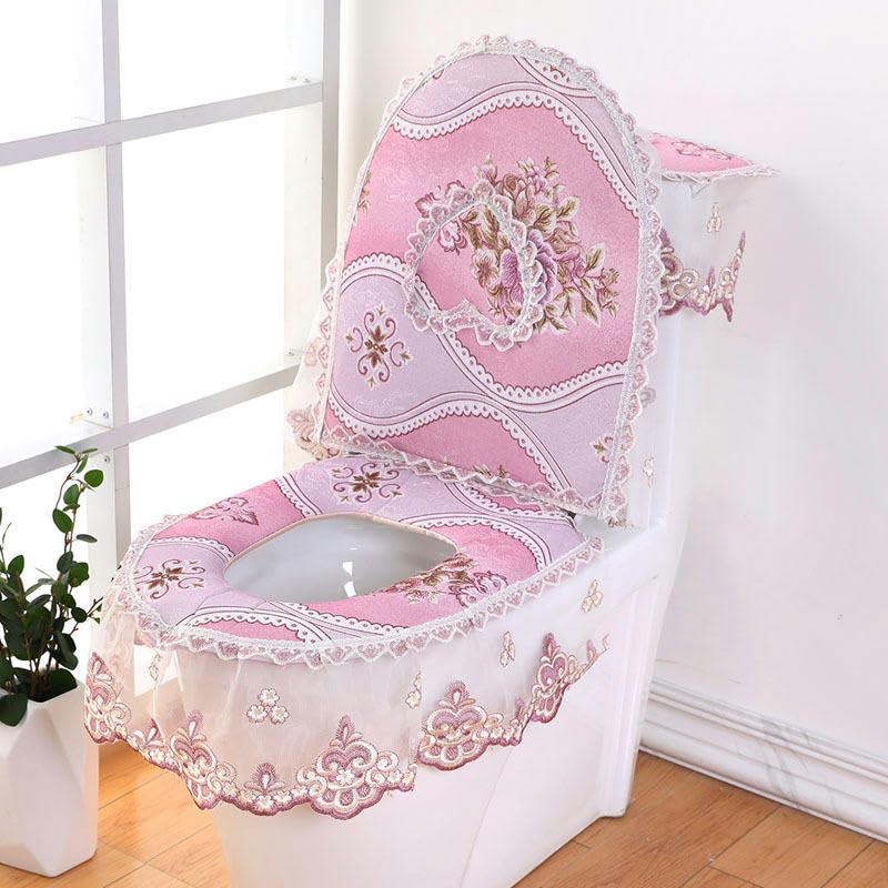 Housses de siège de toilettes en dentelle café broderie florale et cœur pour abattant WC - 7