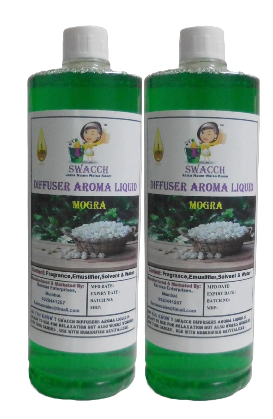 swacch Diffuser Aroma Liquid Mogra Ready to use 1 Litre Pack of 2 I Home Fragrance I Best For Aromatherapy I Helps in Meditation I Used In Diffusers I Water Based