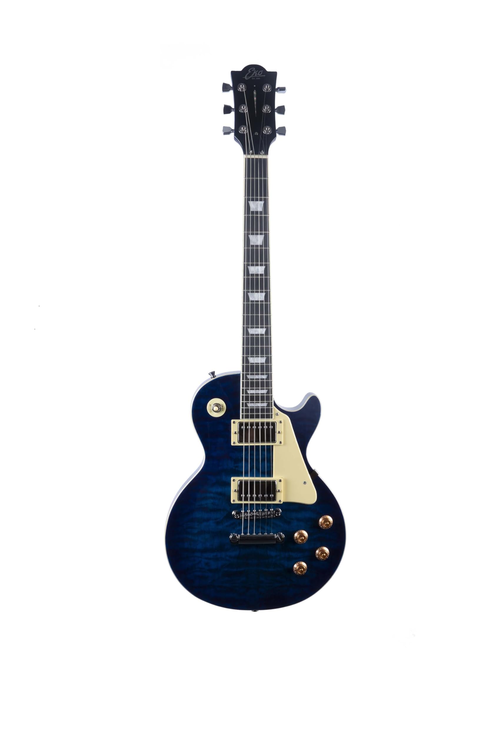 EKO GUITARS – Guitare Électrique LS-300, Corps en Peuplier, Manche en Érable, Touche en WPC, 2 Micros Humbucker, Chevalet Tune-O-Matic, 22 Frettes, Couleur Blue Quilted