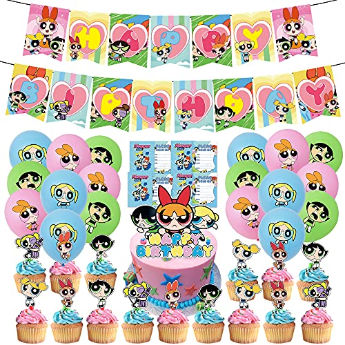Powerpuff Girls Party Supplies Power Puff Girls Include Happy Birthday Banner, Cake & Cupcake Topper, Balloons, Invitation Cards, Party Decorations for Kids