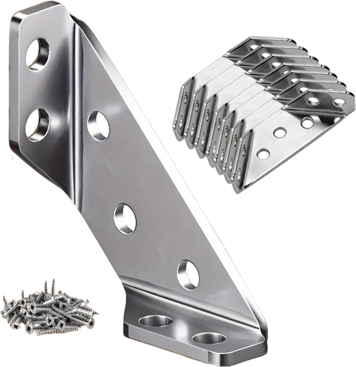 8PCS Stainless Steel Corner Brackets for Wood, 2mm Thick 90 Degree L Angle Braces with 48 Screws, Corner Support Brackets for Shelves, Cabinets, Tables, Drawers and Furniture Repair