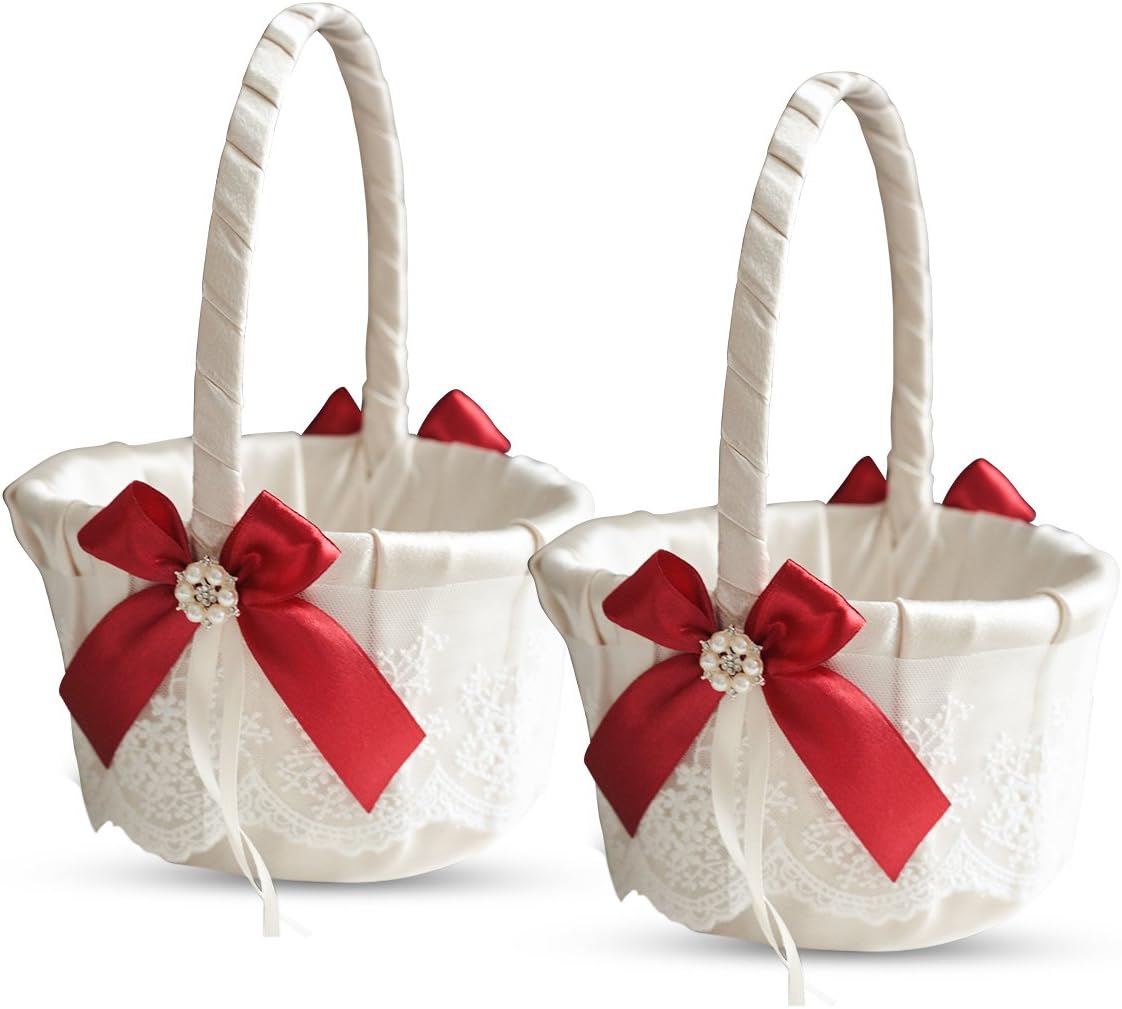 Ivory Ring Bearer Pillow and Basket Set | Lace Collection | Flower Girl & Welcome Basket for Guest | Handmade Wedding Baskets & Pillows (Scarlet RED)