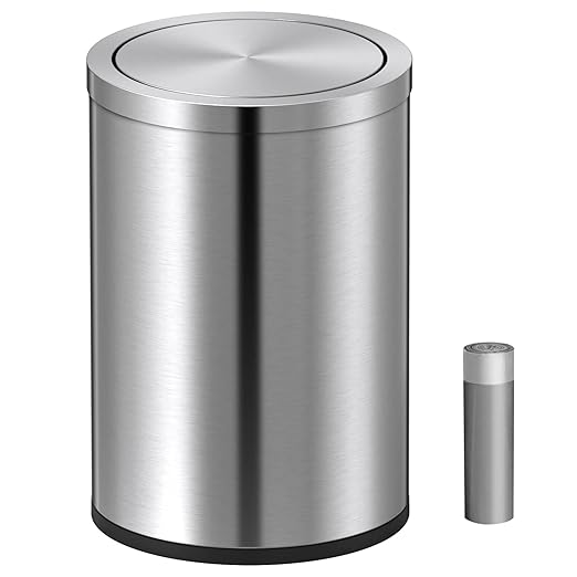 Small Trash Can with Swing Lid 2.4 Gallons/9 Liter, Mini Trash Can with lid, Stainless Steel Cylindrical Garbage Can for Home and Office, for Ground and Desktop(Brushed Silver)
