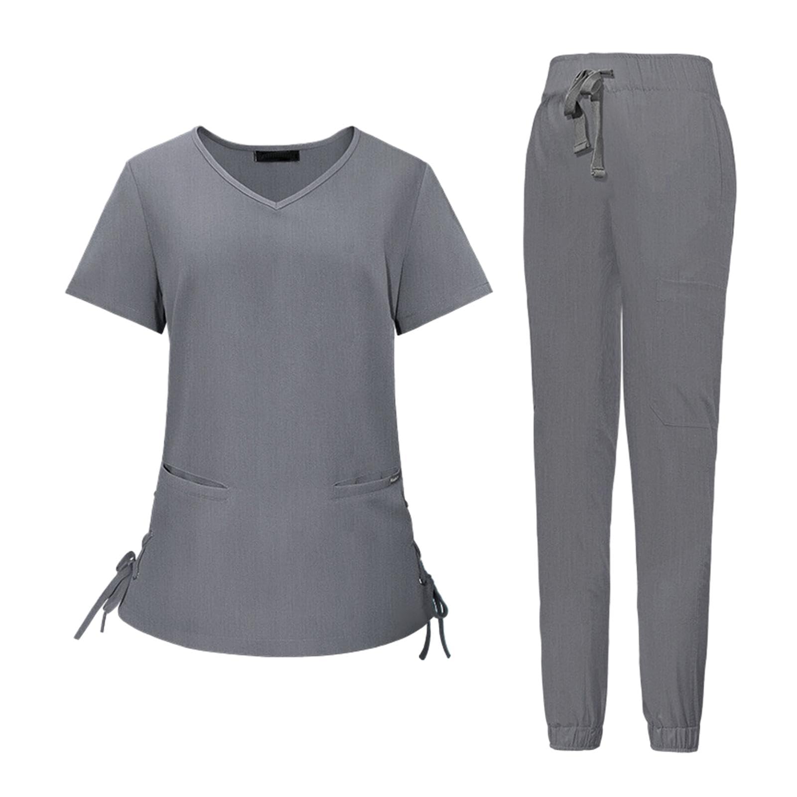 kowaku Set Scrub da Donna Divise da Lavoro da Infermiera Abbigliamento da Lavoro Scollo a Pantaloni da Jogger Eleganti Morbidi e Resistenti alle, Grigio M