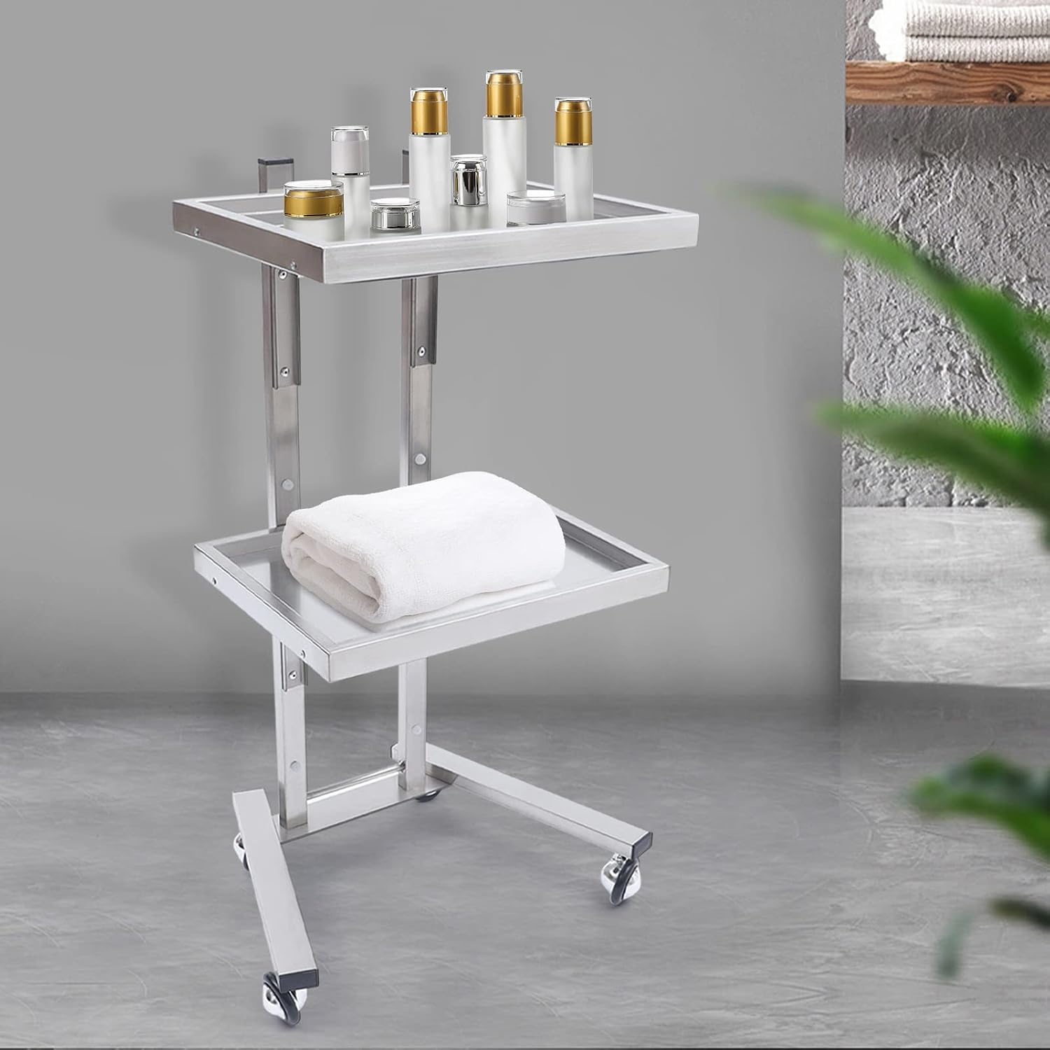 Stainless Steel Salon Rolling Cart,2-Tier Salon Trolley,Utility Cart on Wheels,Folding Tray Trolley,Hairdressing Tool Trolleys for Estheticians,Tattoo Shop (Silver)