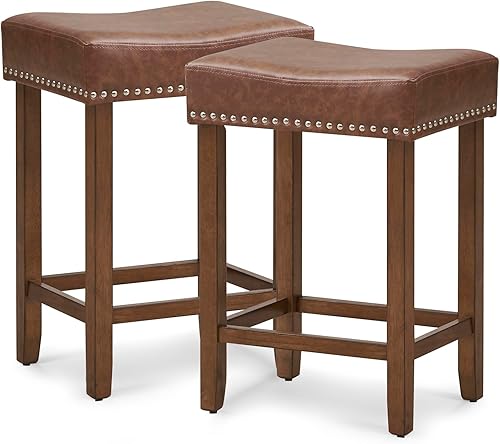 COSTWAY Juego de 2 taburetes de bar de 24 pulgadas de altura de mostrador con tapicería de piel sintética y patas de madera de goma maciza,