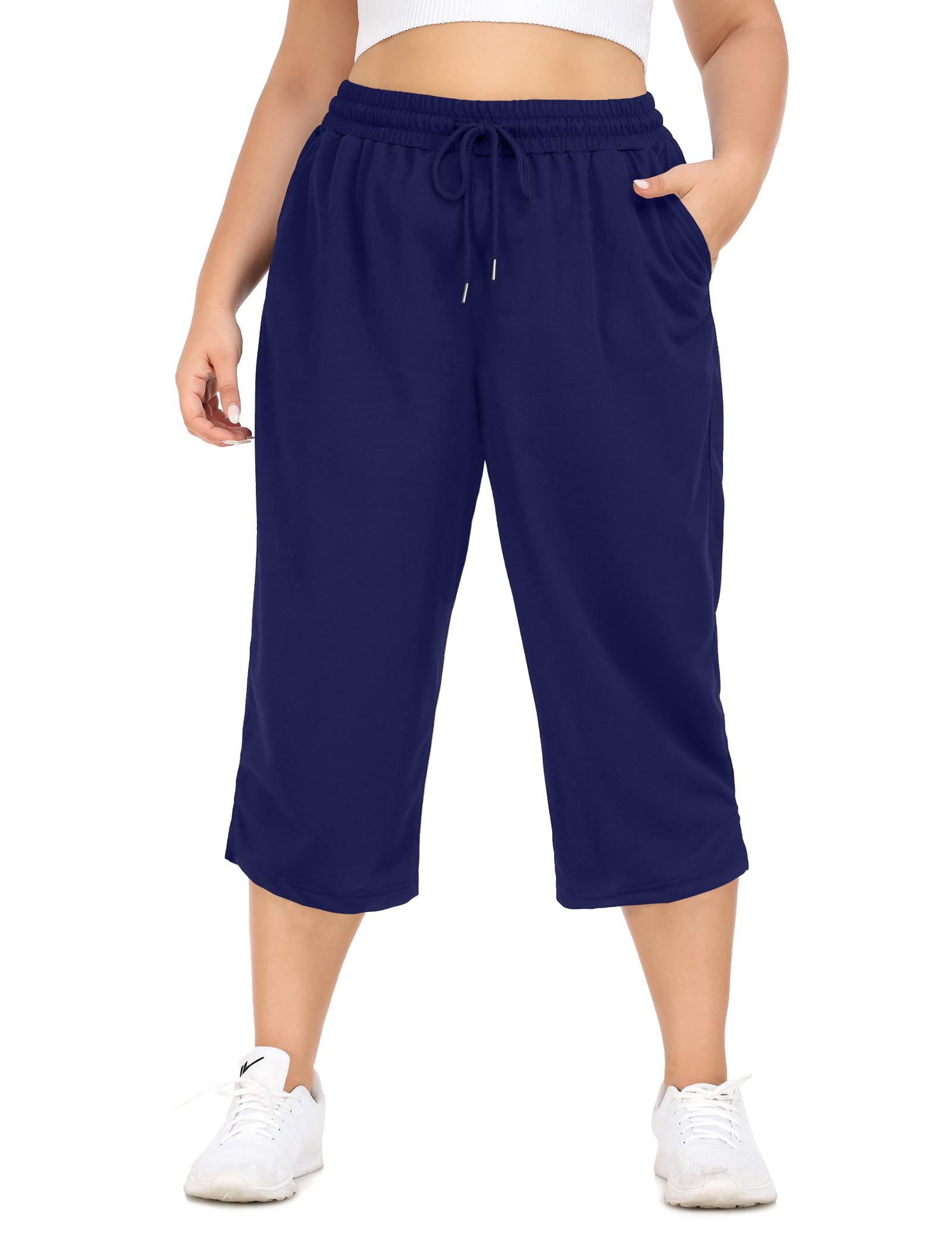 COOTRY Plus Size Capris for Women Loose Drawstring Yoga Workout Sweat Pants with Pockets
