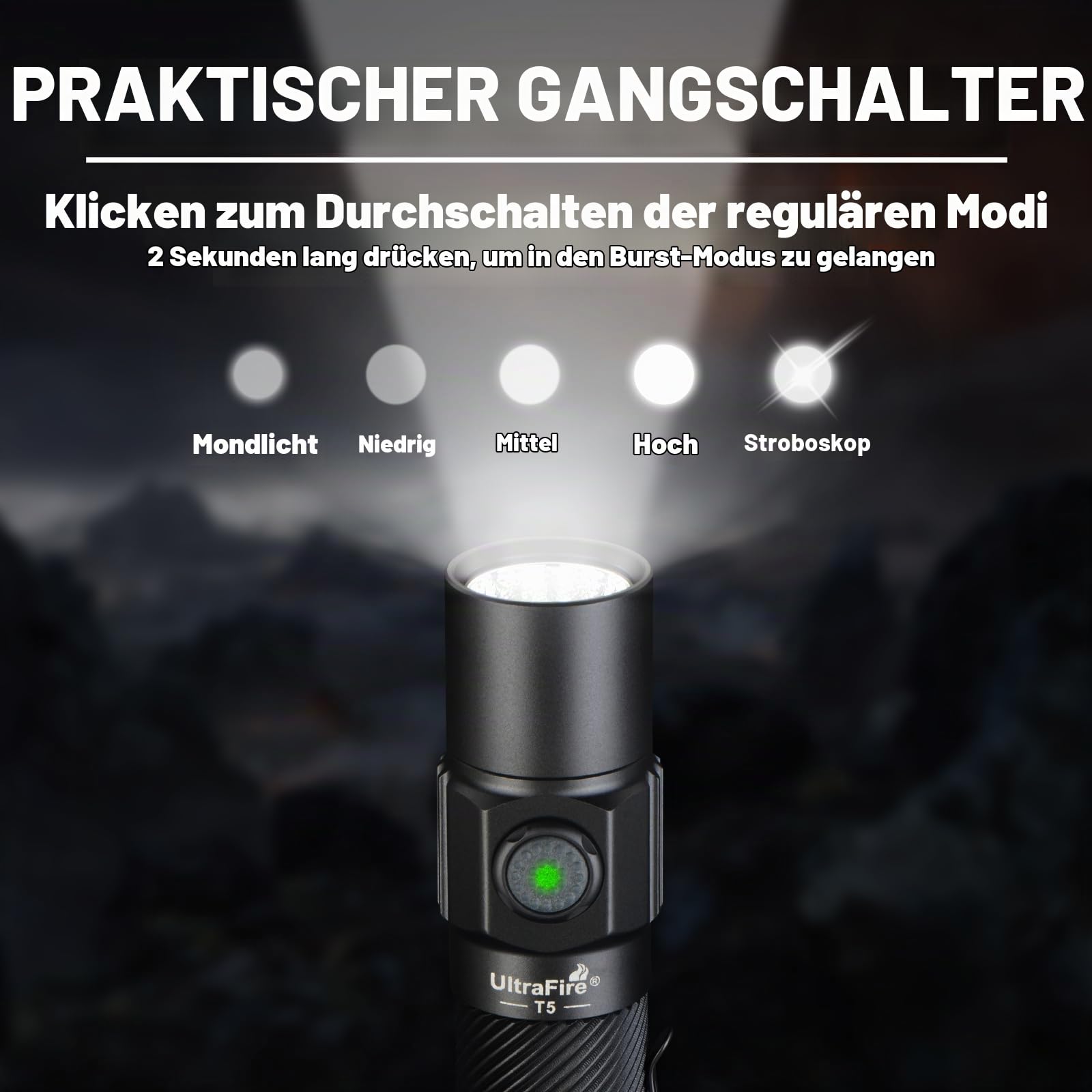 UltraFire Wiederaufladbare Taktische Taschenlampe mit Holster, 1800 Lumen 5 Modi Polizei Taschenlampe, Doppelschalter LED Taschenlampe für Strafverfolgung Camping Outdoor T5
