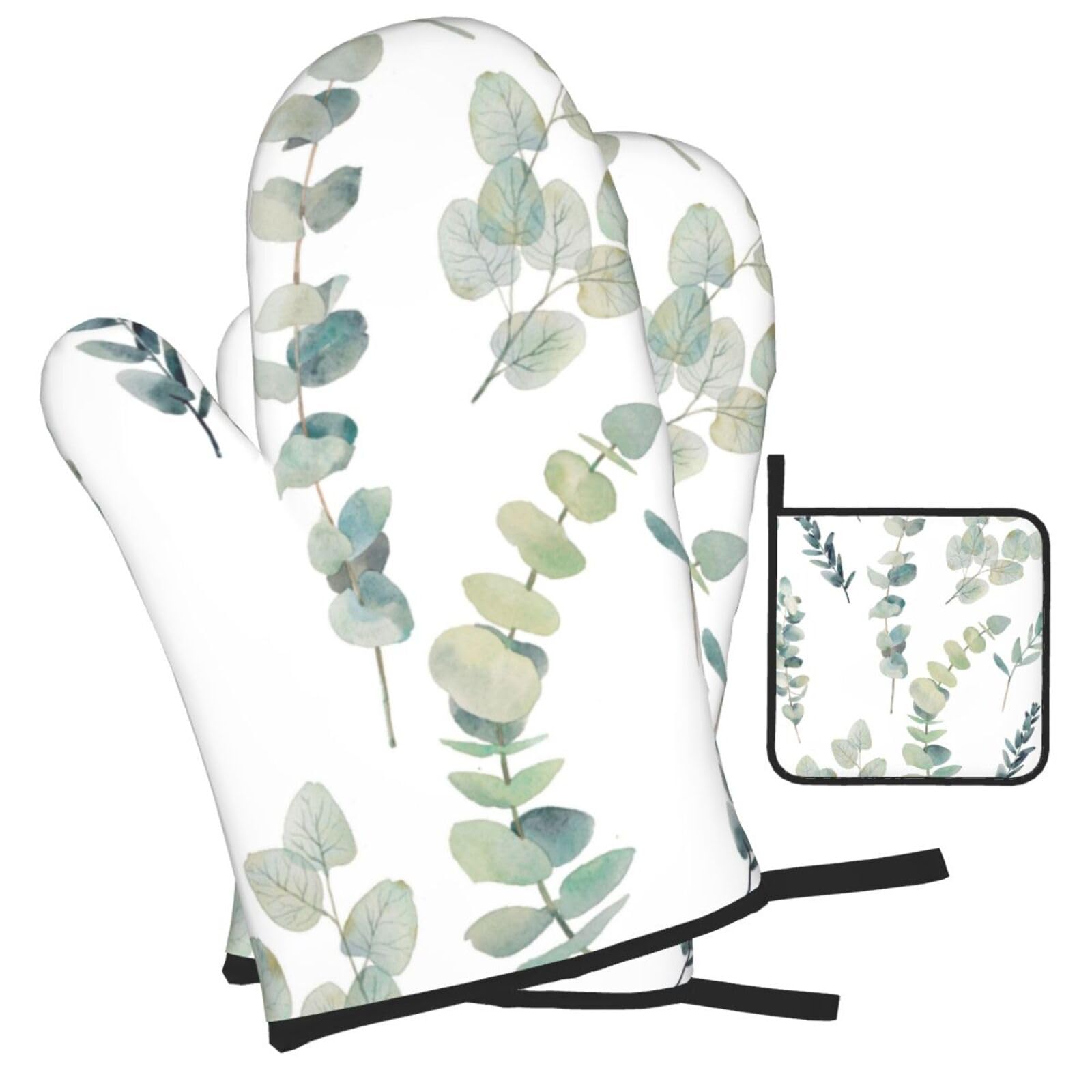 Eucalyptus Leaves Printed Oven Mitts and Pot Holders Heat Resistant Set of 3 Pcs, Modern Kitchen Gloves & Potholders for Cooking Baking Grilling