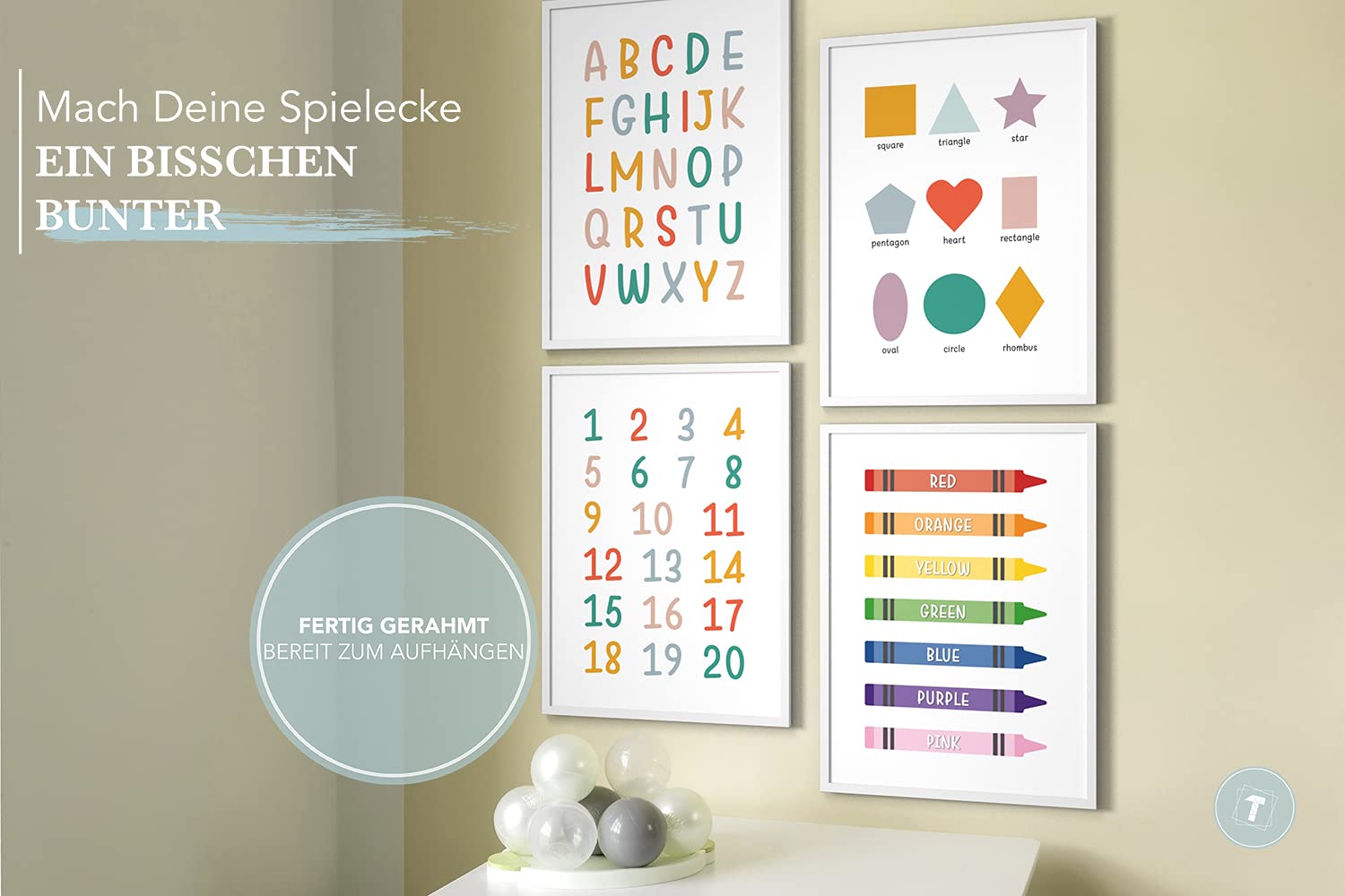 Lot de 4 posters d'apprentissage (anglais), A3 (30x42 cm) encadré d'un cadre en bois (blanc), cadeau de scolarisation, lettres, nombres, couleurs, des formulaires, ABC Numbers Colors Shapes