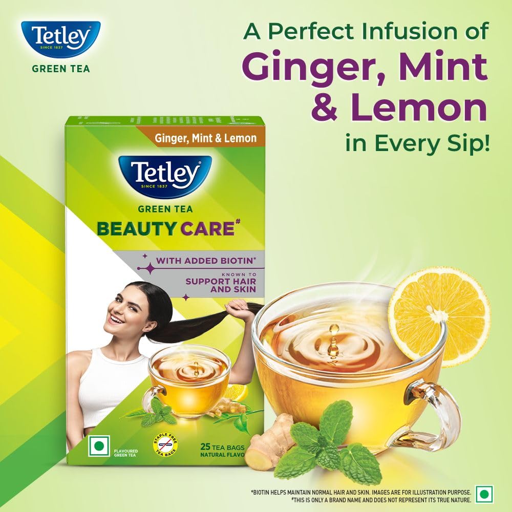Tetley Green Tea Beauty Care, With Added Biotin, Supports Hair and Skin, 0 Calories, Natural Ginger, Mint and Lemon Flavors, 25 Sachets (1.7 g each) 2
