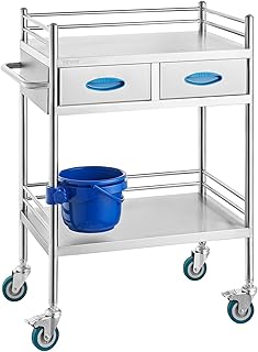 VEVOR Carrinho de médico com 2 camadas e 2 gavetas 59,9 x 42,9 x 85,1 cm, carrinho de laboratório de aço inoxidável, carrinho de metal com 4 rodas omnidirecional para clínicas, SPA e hotéis