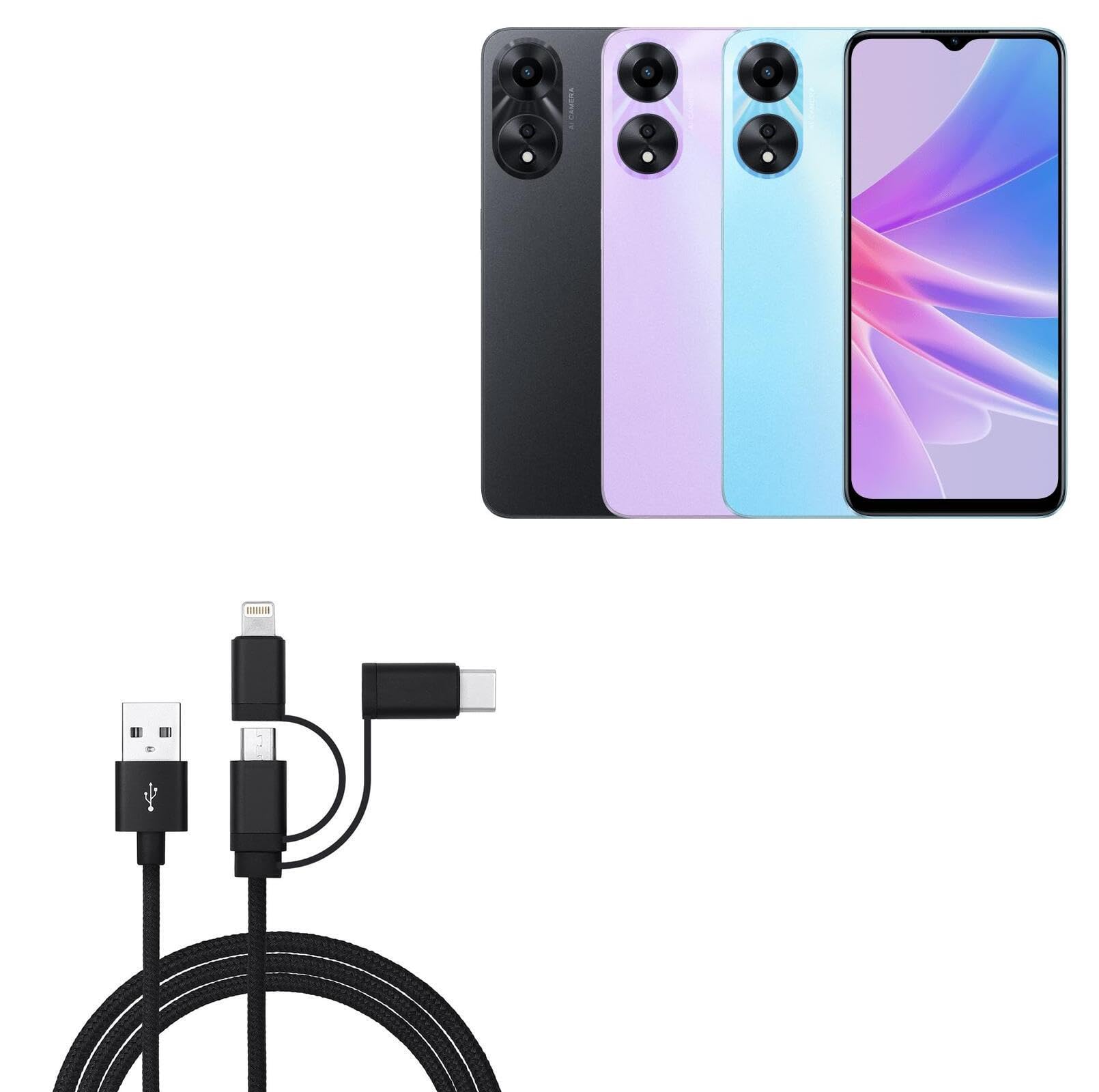 BoxWave Cable Compatible with Oppo A58x - AllCharge 3-in-1 Cable - Jet Black