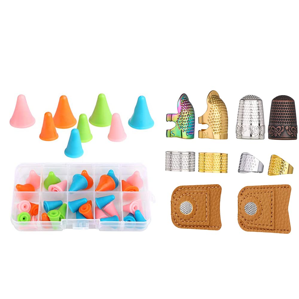 10pcs Hand-Working Sewing Thimble and 30 PCS Multi-Colored Knitting Needles Point Protectors/Stoppers with Plastic Box