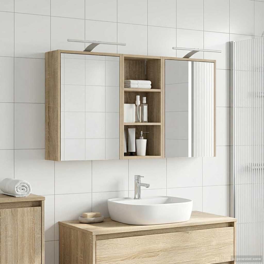 Zestaw szafek łazienkowych z materiału drewnopochodnego 3-częściowy 116 x 16 x 62,5 cm z oświetleniem LED, dwudrożne lustro, montaż na ścianie, miejsce do przechowywania, meble łazienkowe