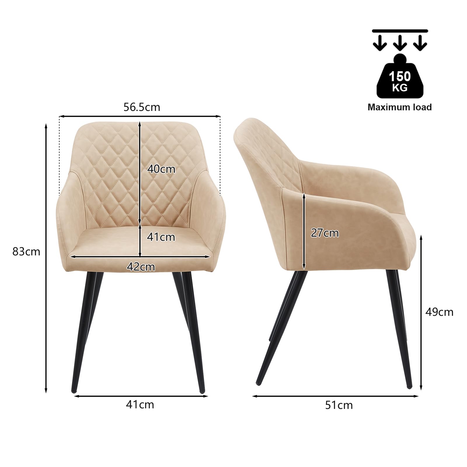 TUKAILAi Lot de 1 Chaise de Salle à Manger Rembourrée PU, Chaise de Cuisine Simili Cuir avec Dossier et Accoudoirs, Pieds en Métal Ergonomique pour Salon Bureau Pas Cher (Beige)