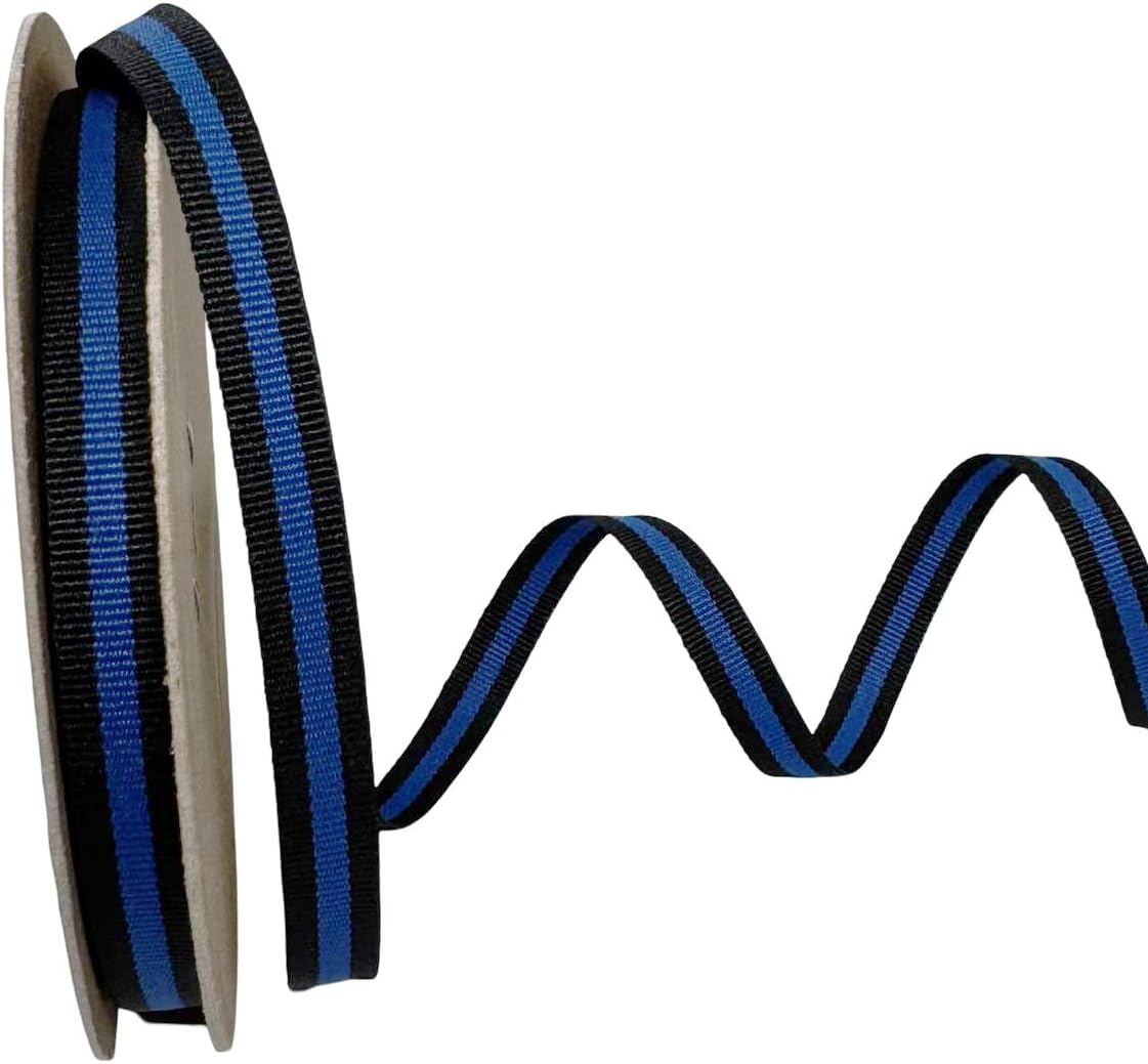 アメリカ製 3/8インチ 細いブルーライン ストライプ グログランリボン (ブラック&amp;ブルーストライプリボン) - 100ヤ